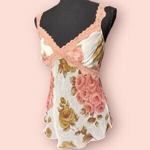 Y2K VTG Babydoll Tank Cami Floral Lace Club Fairycore Coquette Whimsygoth Sheer